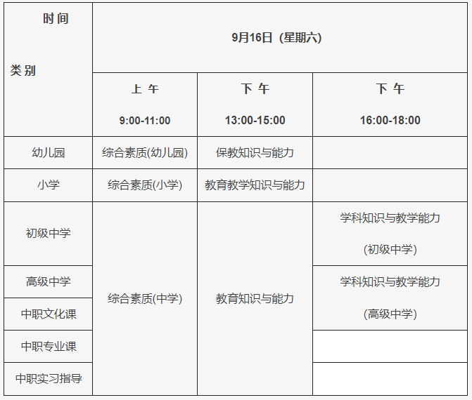 教師資格考試科目及時間安排